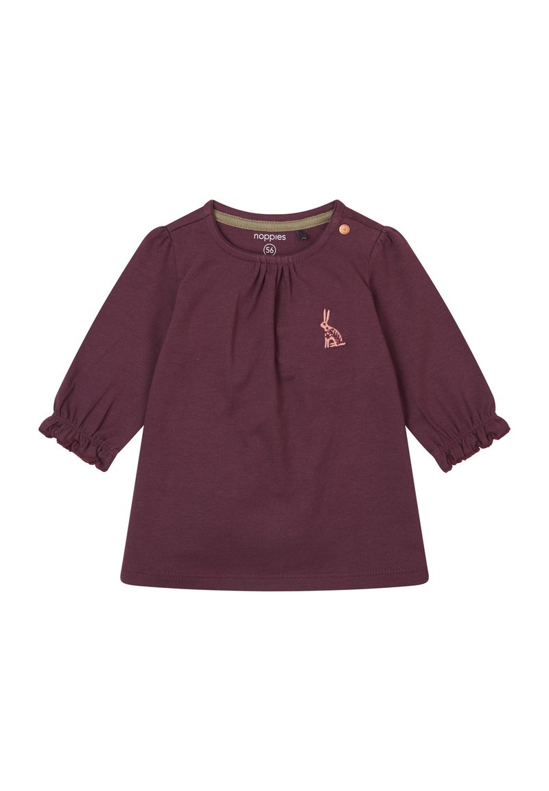 Burgunderfarbenes Langarmoberteil aus Baumwolle mit gerüschten Ärmeln, einem runden Ausschnitt und einem kleinen gestickten Hasenmotiv.