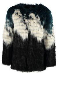 Kabát z umělé kožešiny s gradientem tyrkysové, krémové a černé barvy. Kabát má nadýchanou texturu a volný, uvolněný střih.