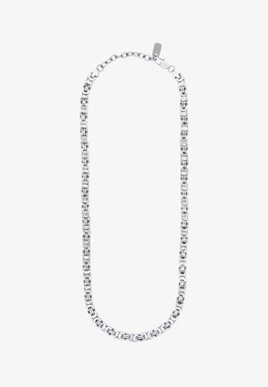 Silver chain necklace featuring alternating rectangular and oval links, smooth texture, and a secure clasp closure.