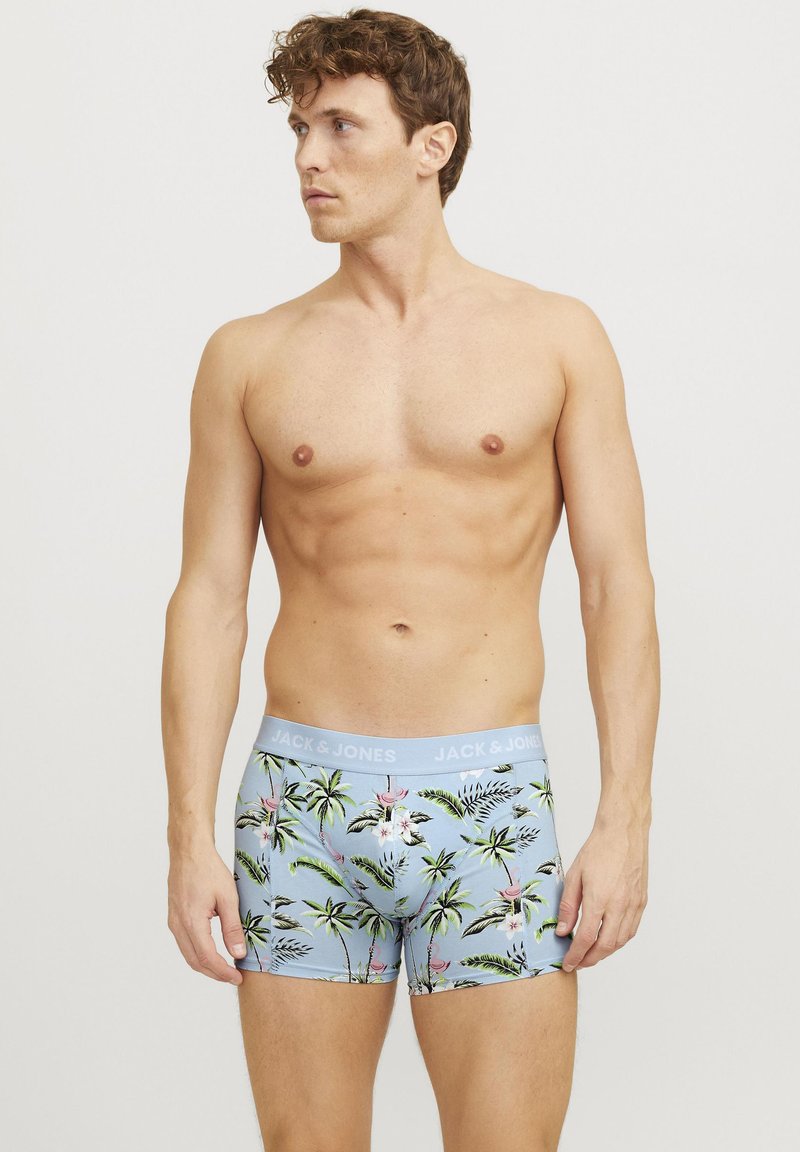 Herren-Boxershorts mit einem hellblauen Grundton, die ein tropisches Pflanzenmuster in Grün und Pink zeigen. Der Bund ist einfarbig hellblau und mit Markenlogo versehen.
