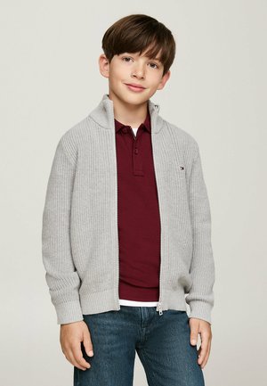 Cardigan grigio a zip con collo alto, indossato su una polo bordeaux. Presenta polsini e orlo a coste. Stile casual, tessuto a trama.