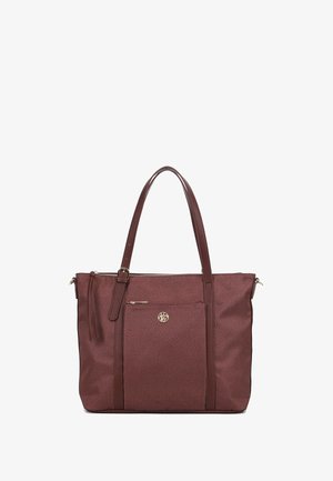 Borsa a tracolla marrone con texture, dotata di manici doppi, tasca frontale con zip e dettagli in metallo dorato. Presenta un delicato motivo screziato sulla superficie.