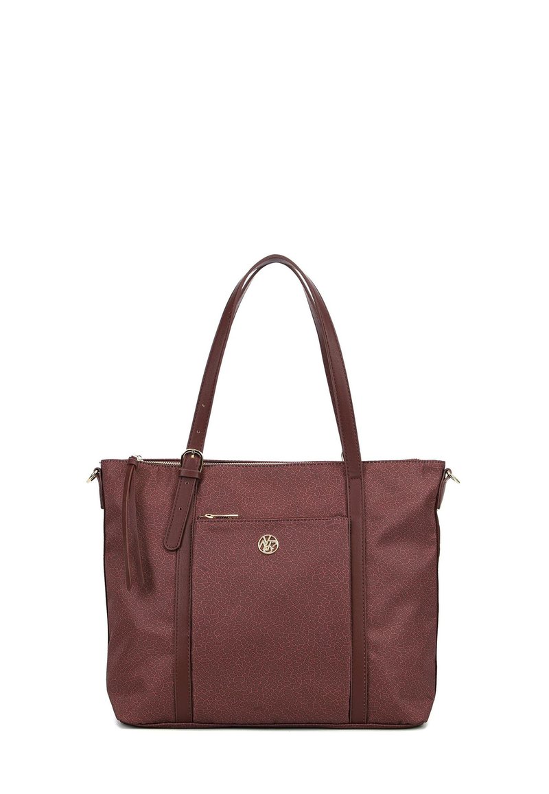 Borsa a tracolla marrone con texture, dotata di manici doppi, tasca frontale con zip e dettagli in metallo dorato. Presenta un delicato motivo screziato sulla superficie.