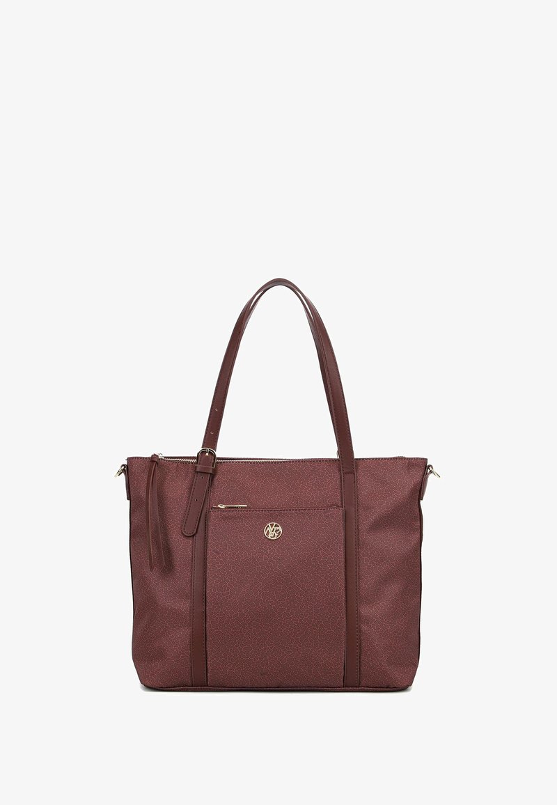 Borsa a tracolla marrone con texture, dotata di manici doppi, tasca frontale con zip e dettagli in metallo dorato. Presenta un delicato motivo screziato sulla superficie.