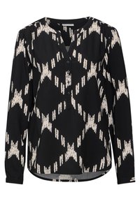 Blusa nera a maniche lunghe con un motivo astratto beige a contrasto, dotata di scollatura a V e chiusura a bottoni sul davanti.