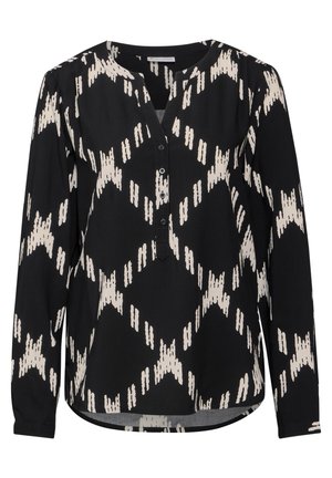 Blusa nera a maniche lunghe con un motivo astratto beige a contrasto, dotata di scollatura a V e chiusura a bottoni sul davanti.