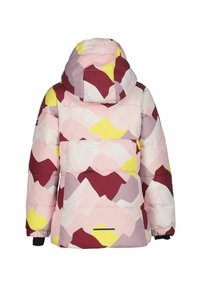Polstret jakke med flerfarvet geometrisk mønster i pink, rød, gul og lavendel. Har hætte og elastiske manchetter.