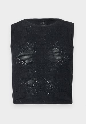 Schwarzes ärmelloses Stricktop mit floralem Spitzenmuster und rundem Ausschnitt, flach gefaltet auf hellem Hintergrund.