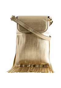 Goldfransige Handtasche aus weichem Leder mit Magnetverschluss und einem verstellbaren Schultergurt für Crossbody- oder Schultertragen.