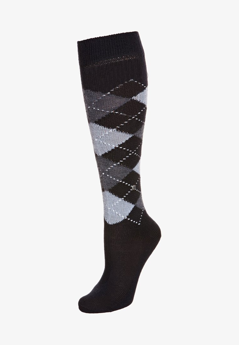Zwarte kniekous met een grijs en zwart ruitpatroon en witte diamantstiksels op een witte achtergrond.