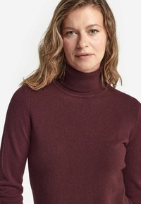 Burgundy polokrage tröja tillverkad av mjukt stickat tyg, med långa ärmar och ribbade detaljer vid kragen och fållen.