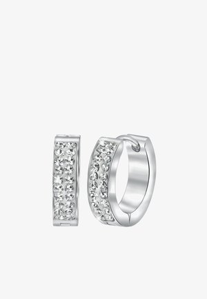 Pendientes de aro de plata con una fila horizontal de cristales transparentes. Los pendientes tienen una superficie suave y pulida con un brillo sutil.