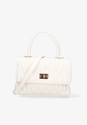 Sac à main blanc matelassé avec une forme structurée, doté d'une poignée supérieure et d'une bandoulière amovible. Comprend un fermoir en métal doré et une texture lisse.