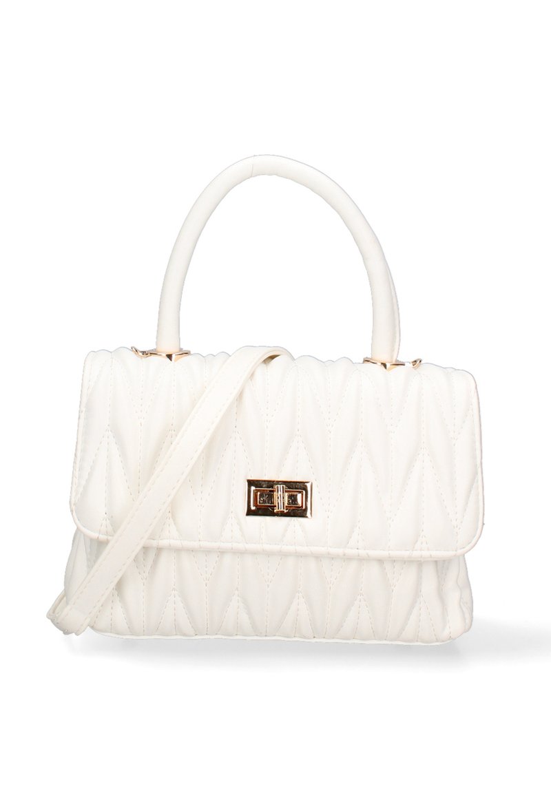 Borsa a tracolla bianca con dubbio a spina, caratterizzata da una forma strutturata, con una maniglia superiore e una tracolla rimovibile. Include un gancio in tono dorato e una texture liscia.