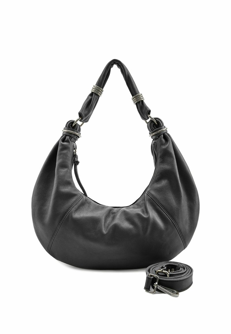 Borsa a tracolla in pelle nera con forma hobo, texture morbida, manico intrecciato e tracolla staccabile. Presenta dettagli in metallo color argento.