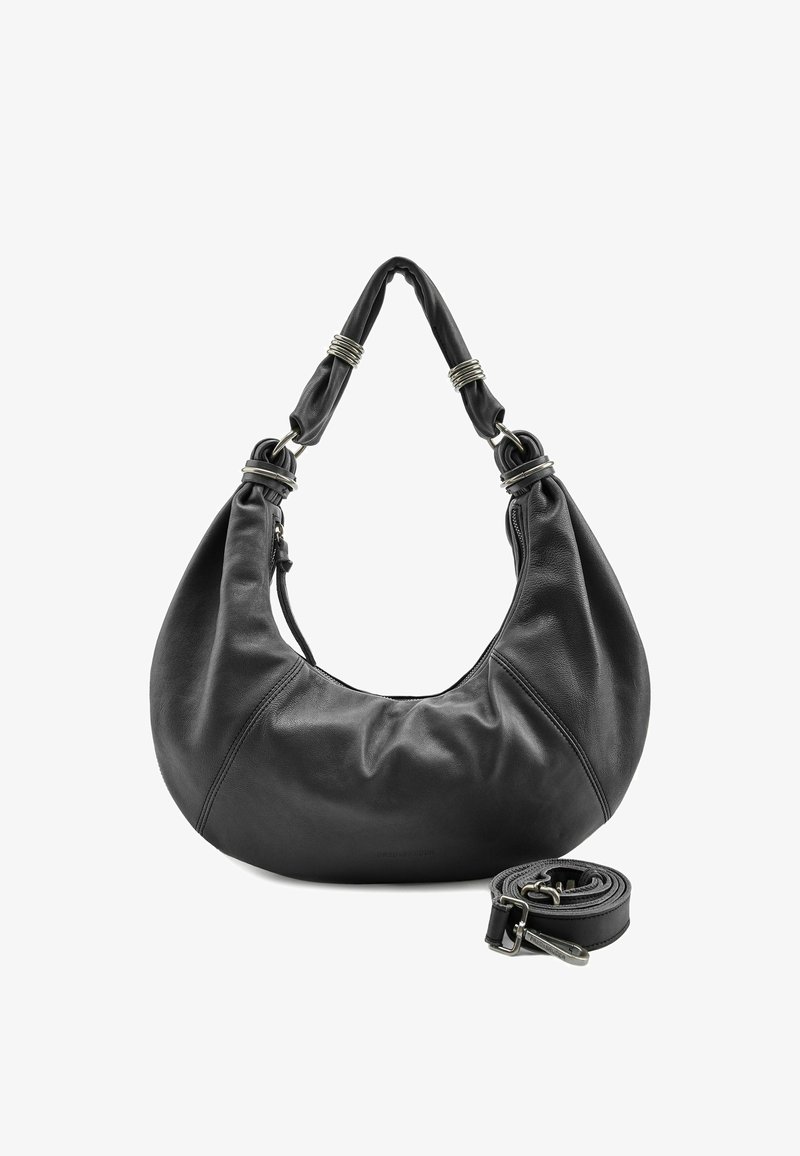 Borsa a tracolla in pelle nera con forma hobo, texture morbida, manico intrecciato e tracolla staccabile. Presenta dettagli in metallo color argento.