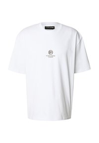 Biały bawełniany t-shirt z krótkimi rękawami, okrągłym dekoltem i szarym logo na środku z napisem "VALUES & VISIONS PEGADOR".