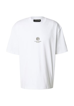 Tricou alb din bumbac cu mâneci scurte, gât rotund și logo central gri cu textul „VALUES & VISIONS PEGADOR”. 