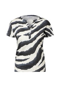 Kort-ärmelige dames T-shirt in wit met zwart zebra print, met een notch-kraag, vierknopenlijst en zachte katoen.