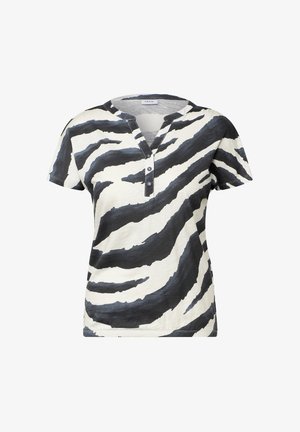 T-shirt femme à manches courtes en imprimé zèbre blanc et noir, avec col en V, patte de boutonnage à quatre boutons et en coton doux.