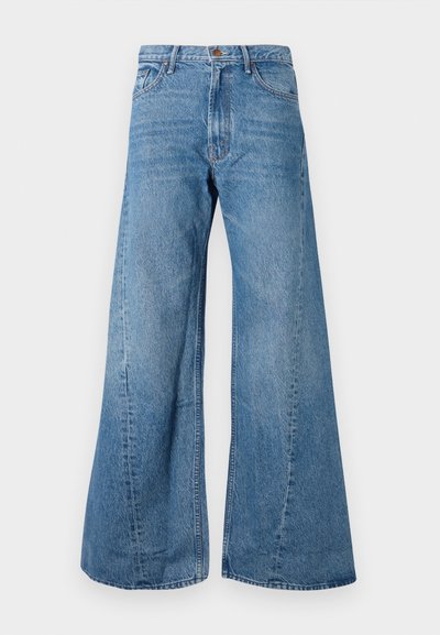 Wide-leg blue denim jeans with a high waist, featuring classic five-pocket styling and slight fading for texture.