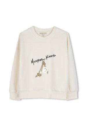 Off-white trui met lange mouwen, geribde manchetten en zoom, met de tekst "Michael Kors" en een hangende bedelafbeelding aan de voorkant.