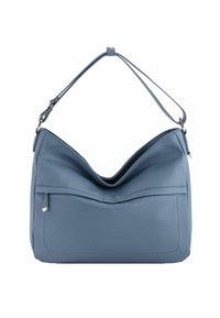 Blaue Leder-Schultertasche mit einem weichen, lässigen Design, einem einzigen Tragegurt und einer Fronttasche. Verfügt über gestickte Details und eine glatte Textur.