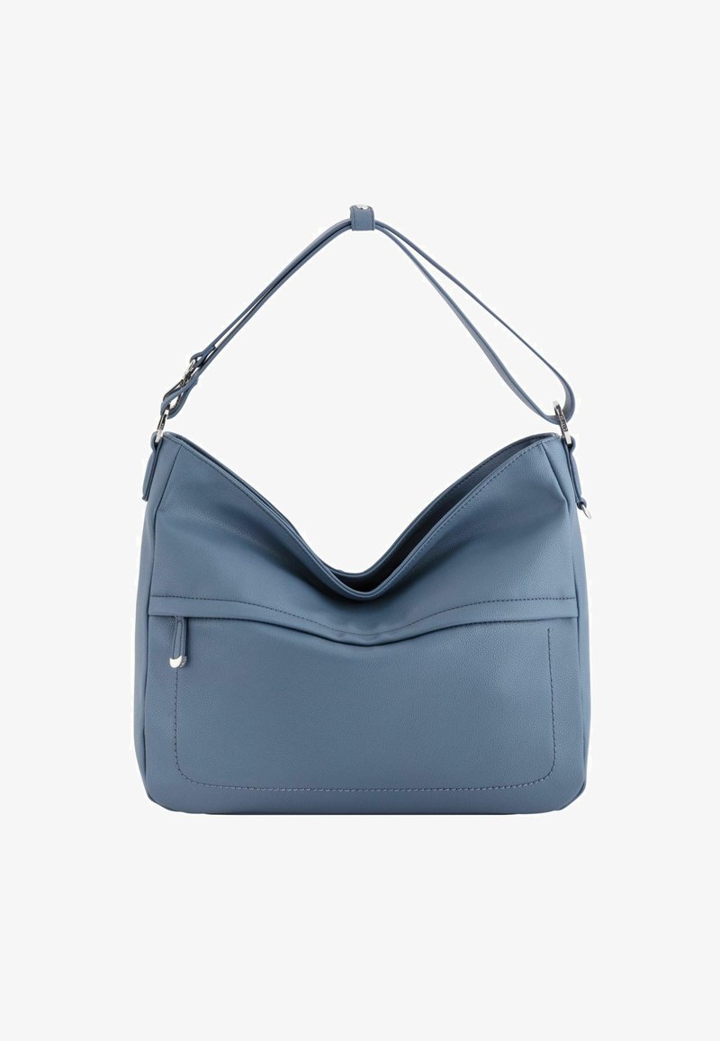 Blue leather shoulder bag with a soft, slouchy design, a single strap, and a front pocket. Features stitching details and a smooth texture.