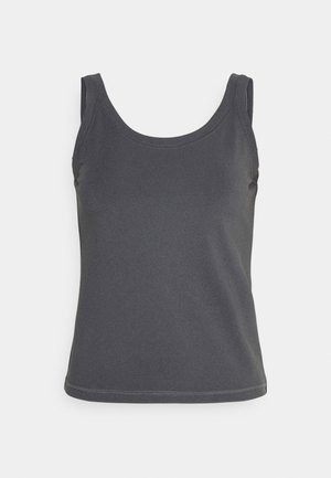 Dark gray sleeveless tank top with wide shoulder straps and a rounded neckline, shown on a plain light background.