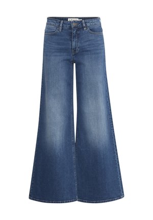 Jeans in denim blu a gamba larga con chiusura anteriore a bottoni e cerniera, tasche anteriori e posteriori, e lievi scoloriture su cosce e ginocchia.