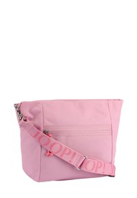 Borsa in nylon rosa dalla forma quadrata, con una tasca frontale con cerniera e una tracolla decorata con la scritta "JOOP!" in caratteri in grassetto.