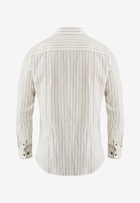 Lichtgekleurde lange mouwen shirt, gemaakt van linnen, heeft verticale beige strepen, een kraag en knoopmanchetten.