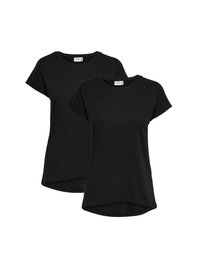 Zwei schwarze T-Shirts, die zusammen ausgestellt sind. Jedes hat kurze Ärmel, einen runden Ausschnitt und einen abgerundeten Saum. Hergestellt aus weichem, leichtem Stoff.