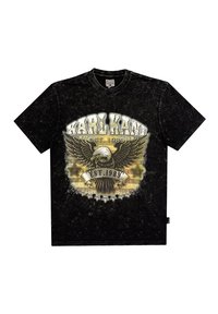 Fekete póló kerek nyakkivágással, amelyen egy sas grafikai design és a "KARL KANI EST. 1989" felirat arany és fehér színben látható. Puha tapintású.