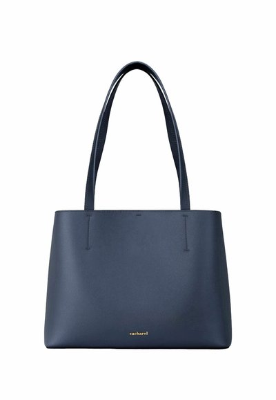 Torba za na ramo iz mornarsko modrega usnja z dvema dolgima ročajema in majhnim zlatim logotipom "cacharel" na sredini sprednje strani.