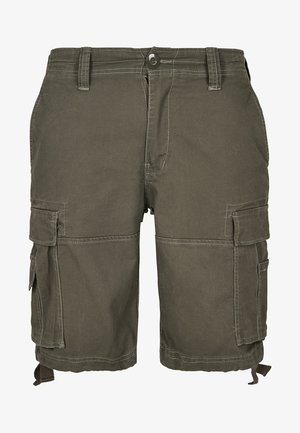 Olivové cargo šortky vyrobené z odolnej tkaniny, s viacerými bočnými vreckami, pútkami na opasok a prešitým detailom pre väčšiu textúru.