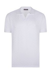 Camisa polo blanca con un patrón texturizado, mangas cortas y un cierre de dos botones. Fabricada con un tejido transpirable para mayor comodidad.