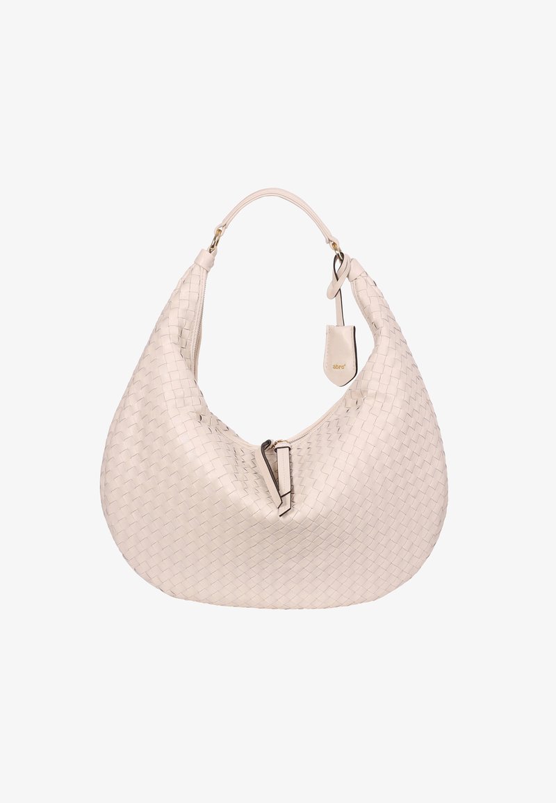 Geflochtene Leder-Hobo-Tasche in hellem Beige mit einem einzelnen geschwungenen Griff, Reißverschluss und einem kleinen Tag-Akzent. Glatte Textur und weiche Form.