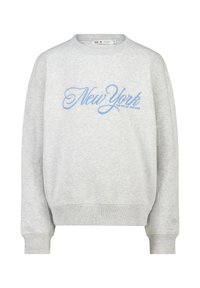 Harmaa crewneck-swetari, jossa on sinisellä kaunokirjoituksella "New York Unelmien Kaupunki" -teksti etupuolella sekä ribatut hihansuut ja helma.