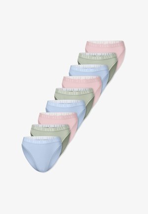 Mehrfachpack Damenunterhosen in hellen Pastellfarben: Pink, Grün und Blau. Aus weichem Stoff gefertigt, mit elastischem Bund und "ELLE"-Markenlogo.
