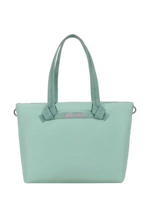 Sac fourre-tout vert menthe avec double poignées et détails noués, arborant un petit logo rose au centre en haut.