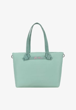 Borsa a tracolla verde menta con doppie maniglie e dettagli a nodo, con un piccolo logo rosa al centro in alto.