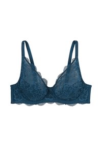 Soutien-gorge en dentelle teal avec armatures, finition en dentelle festonnée, bretelles satinées réglables et un détail de nœud décoratif au centre avant.