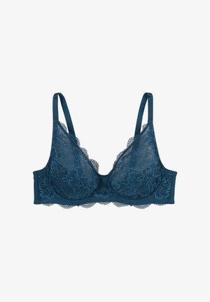 Soutien-gorge en dentelle teal avec armatures, finition en dentelle festonnée, bretelles satinées réglables et un détail de nœud décoratif au centre avant.