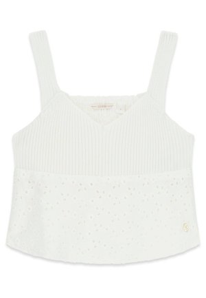 Witte, mouwloze cropped top met geribbelde bovenkant, oogjesstof aan de onderkant, brede bandjes en een klein gouden "G"-embleem op de zoom.