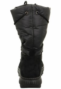 Botas negras impermeables con una parte superior acolchada y acolchada y una suela de goma. Presenta una sección inferior de ante y un cordón ajustable para un mejor ajuste.