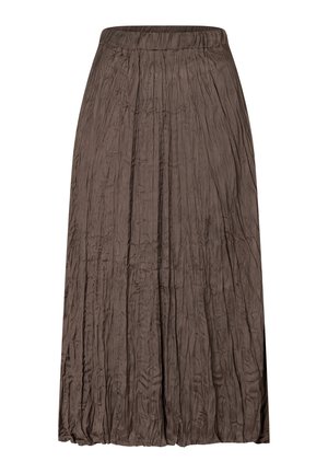Brown, pleated maxi skirt with a textured surface. Features an elastic waistband and flowing design, providing gentle drape and movement.