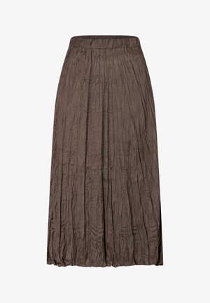 Brown, pleated maxi skirt with a textured surface. Features an elastic waistband and flowing design, providing gentle drape and movement.