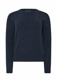 Suéter de punto trenzado azul marino con cuello y puños acanalados. Presenta un patrón texturizado y un corte estándar, confeccionado con una suave mezcla de lana.