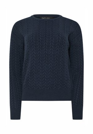 Marinblå kabelstickad tröja med ribbad halsringning och ärmslut. Har ett strukturerat mönster och en normal passform, tillverkad av mjukt ullblandat tyg.